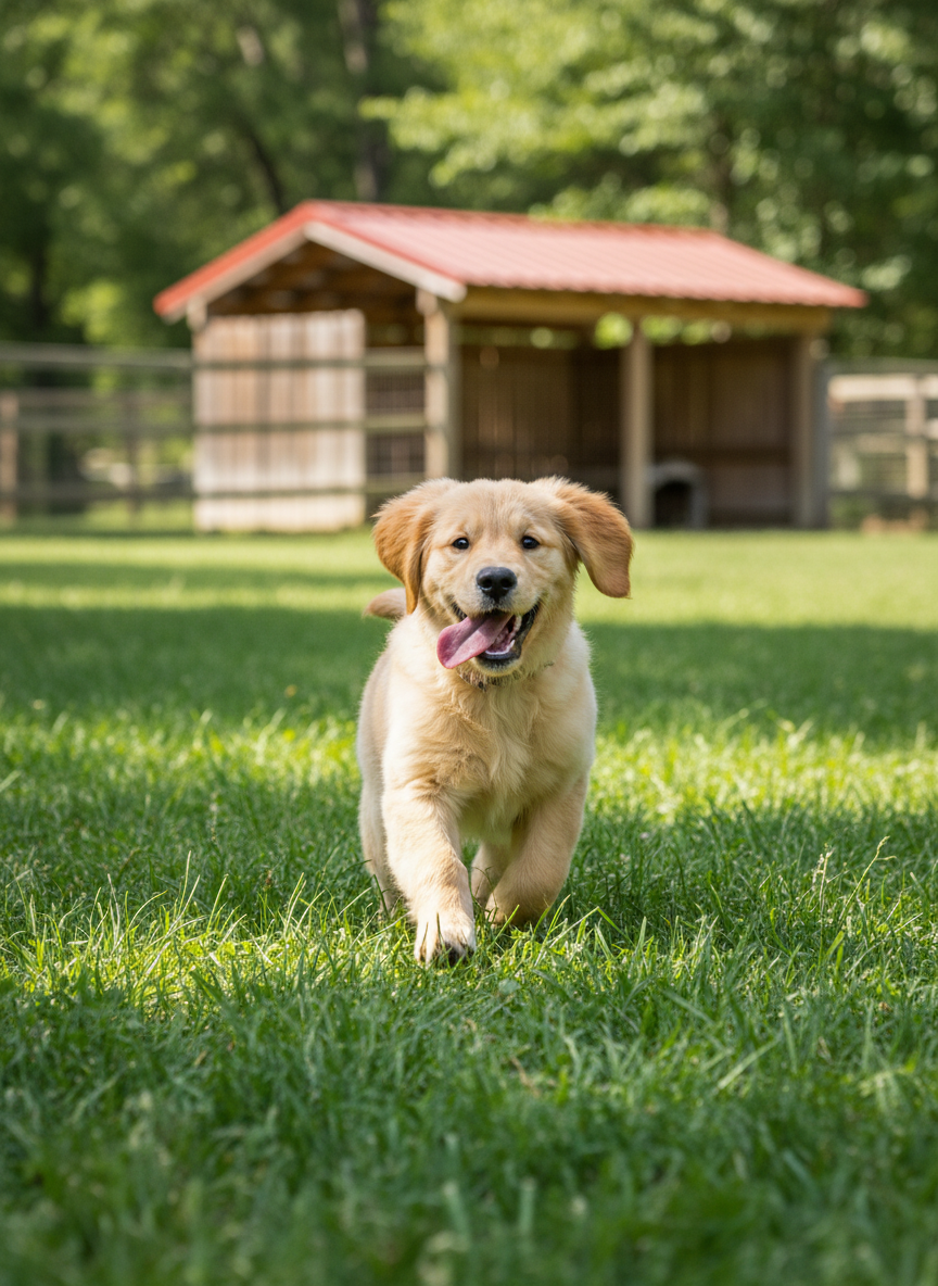Happy golden retriever puppy with tongue out playing in green grass