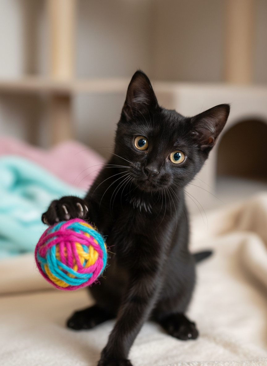 Charming black kitten with yellow eyes playing with colorful toy ball