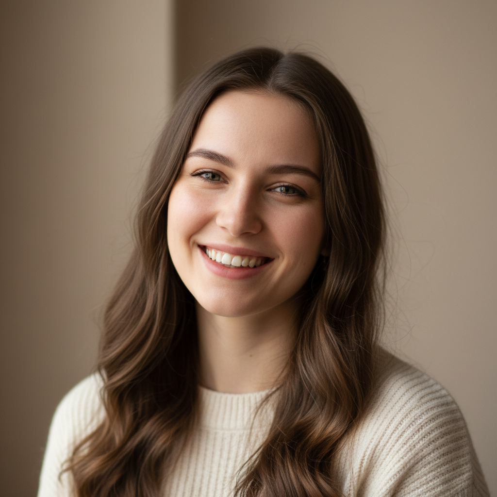 Smiling young Russian woman with long brown hair portrait