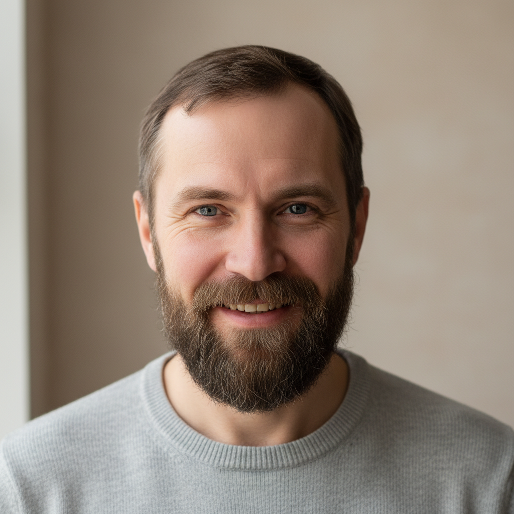 Friendly Russian middle-aged man with beard smiling portrait