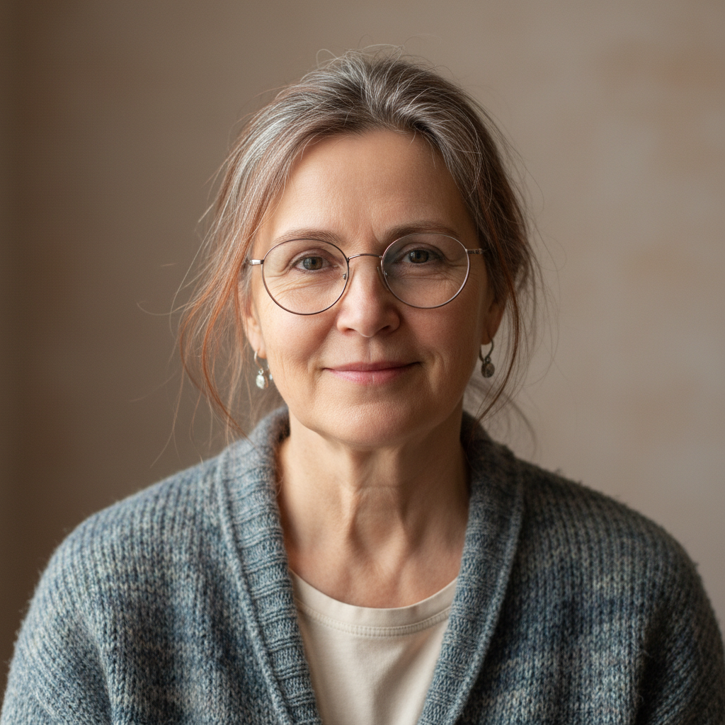 Kind elderly Russian woman with glasses and warm smile portrait