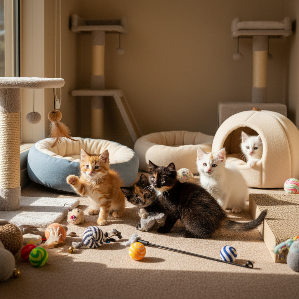 Group of playful kittens exploring cozy shelter room with toys