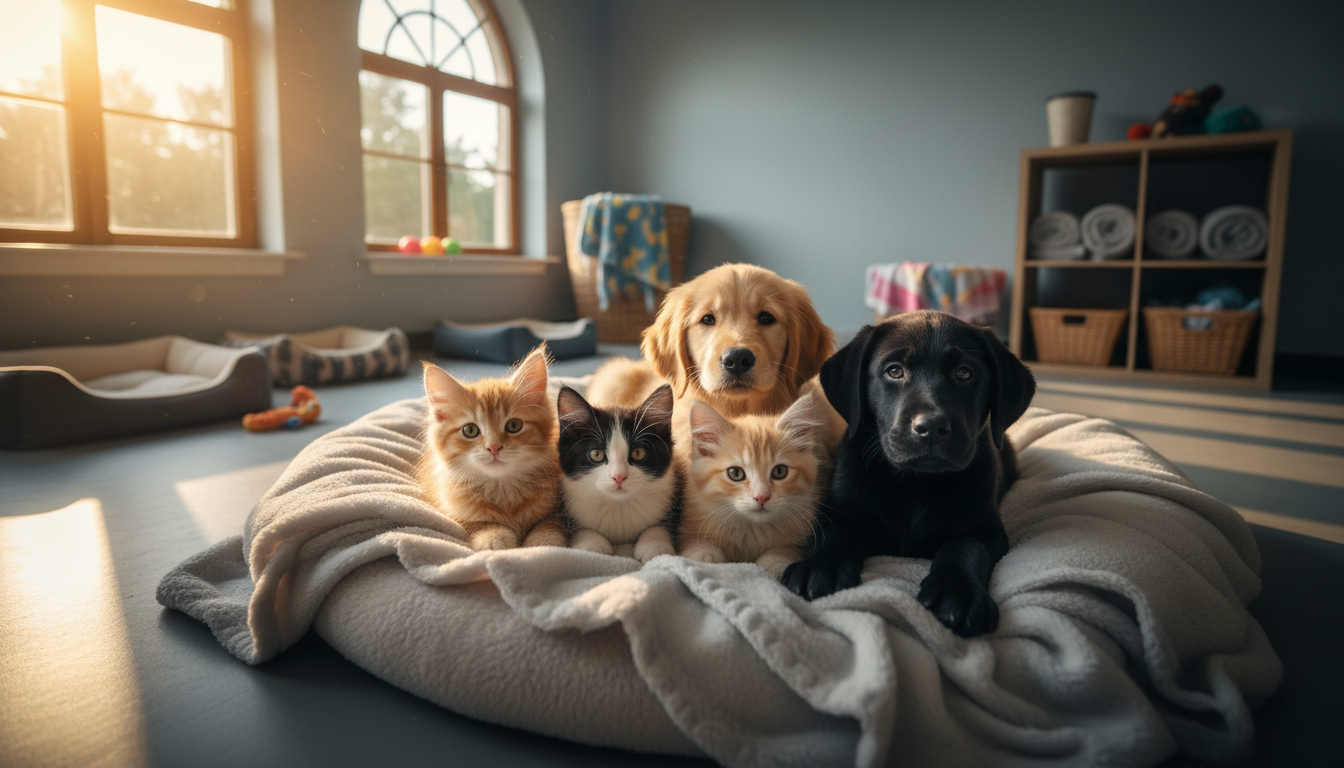 Cute kittens and puppies together in cozy shelter environment with warm lighting